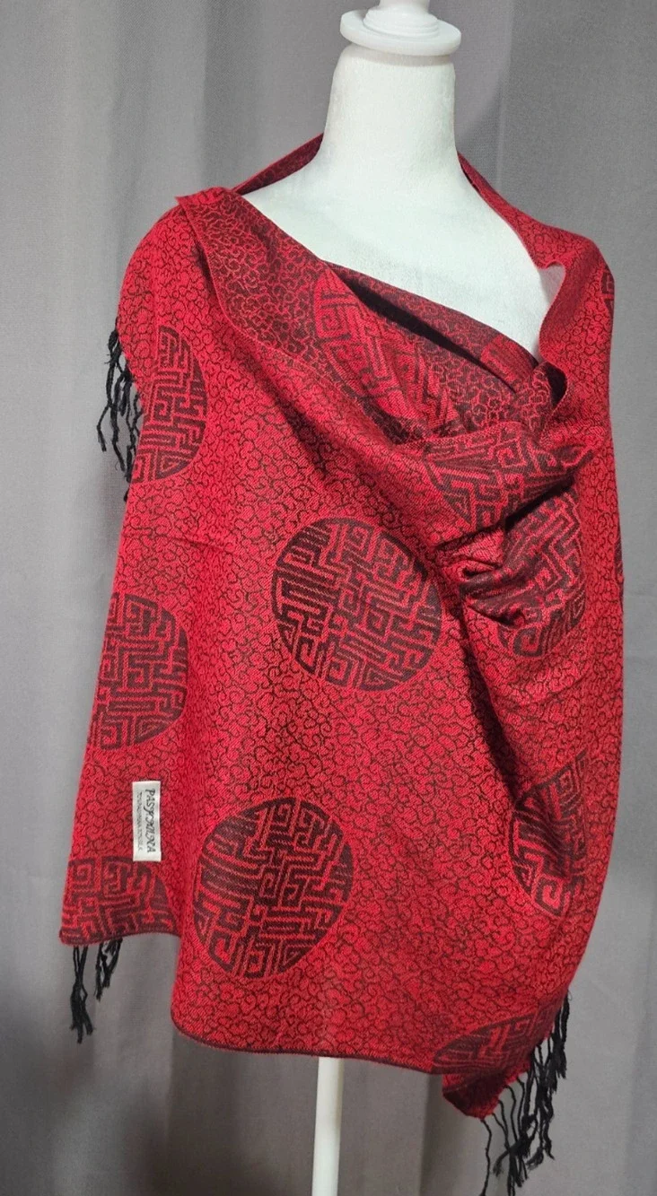 Pashmina Silk Scarf Shawl Red Black Oriental Pattern Fringe Ends